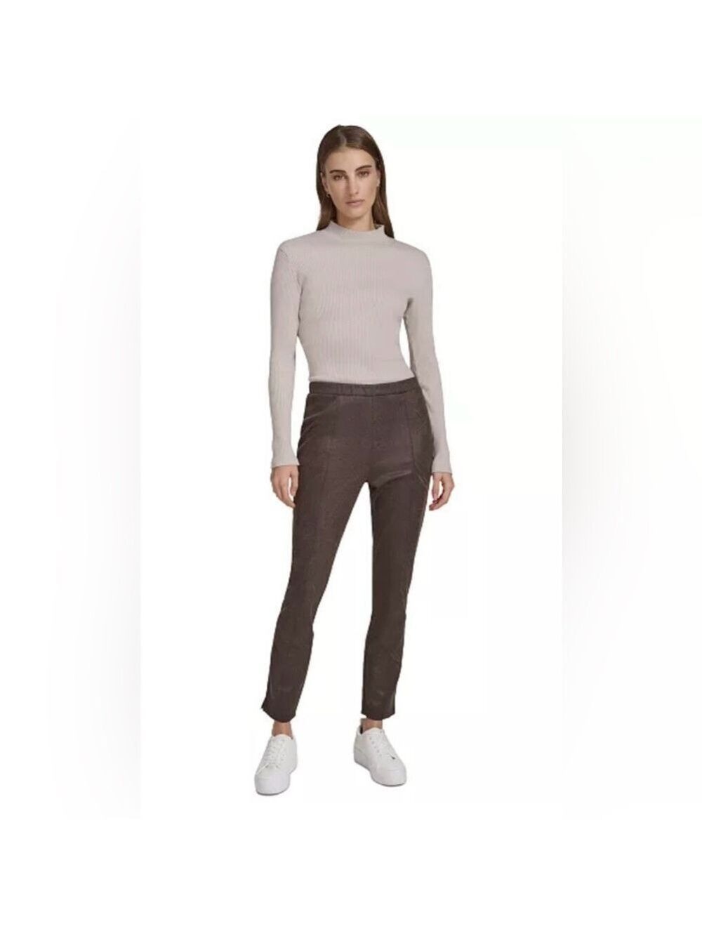 Andrew Marc Pintuck Skinny Faux Suede Pants in Walnut - Picture 1 of 9